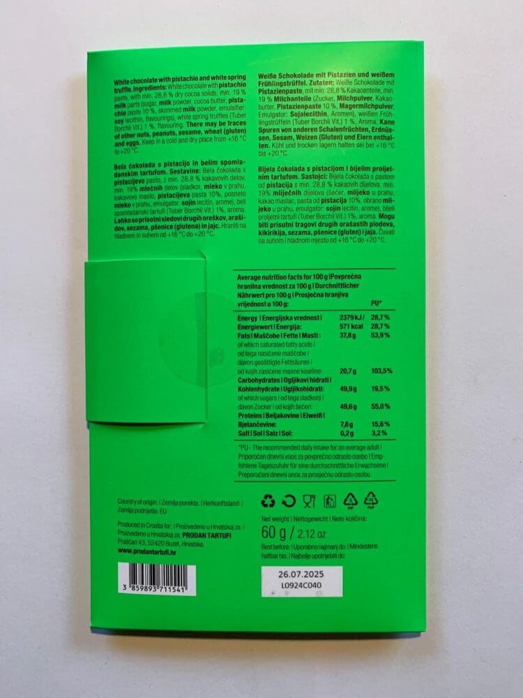 Tafel Pistazien Schokolade mit weißen Frühlings Trüffeln - Tuber Borchi – Bild 2