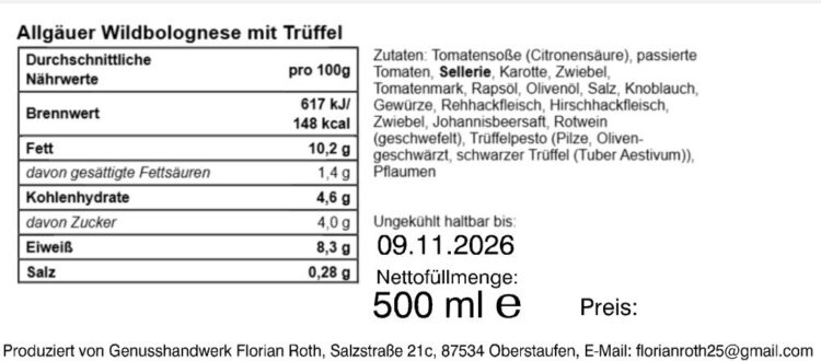 Gourmet und Meer Gold Line  Allgäuer Wild Bolognese  mit Trüffeln 500g – Bild 3
